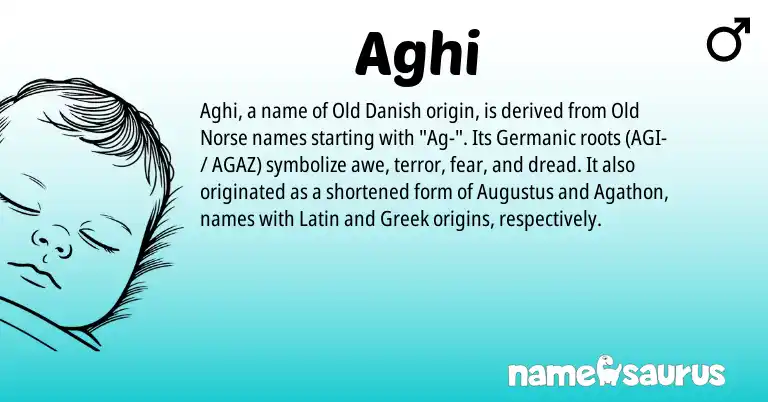 Infographic about Aghi name meaning, Aghi is a name from Old Norse, Germanic, Latin, Greek, Old Danish origin(s).