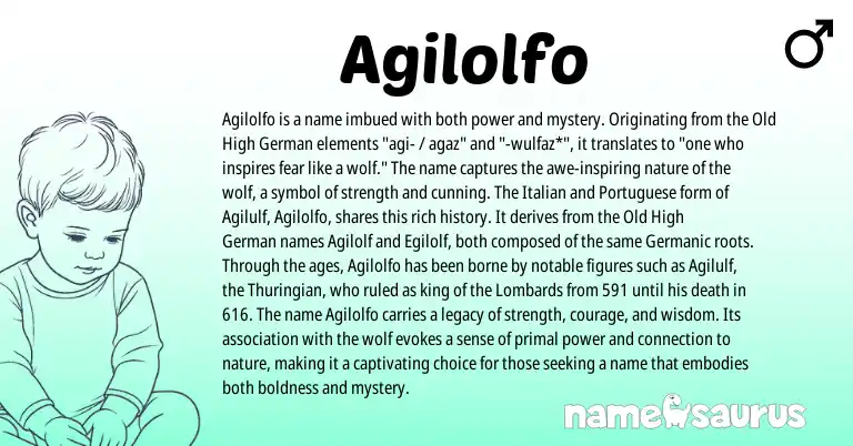 Infographic about Agilolfo name meaning, Agilolfo is a name from Old High German, Portuguese, Germanic, Italian origin(s).