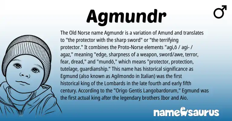 Infographic about Agmundr name meaning, Agmundr is a name from Old Norse, Italian, Norse origin(s).