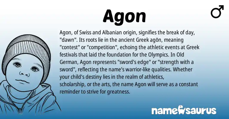 Infographic about Agon name meaning, Agon is a name from Old German, Swiss, Albanian, Greek origin(s).