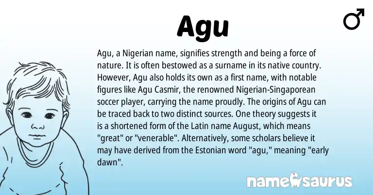 Infographic about Agu name meaning, Agu is a name from Estonian, Nigerian, Latin origin(s).
