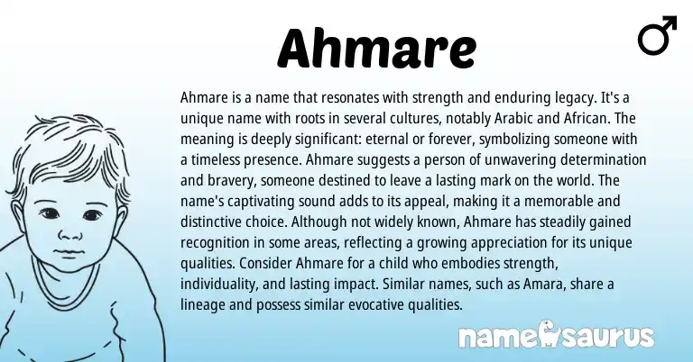 Infographic about Ahmare name meaning, Ahmare is a name from Arabic origin(s).