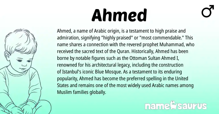 Infographic about Ahmed name meaning, Ahmed is a name from Arabic, Muslim, United States origin(s).