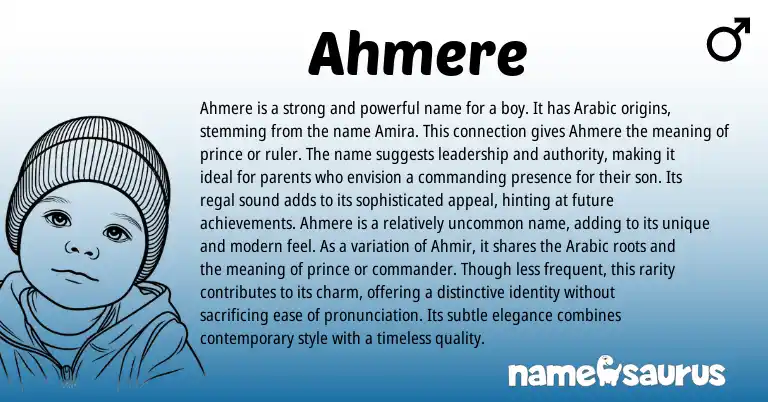 Infographic about Ahmere name meaning, Ahmere is a name from Arabic origin(s).