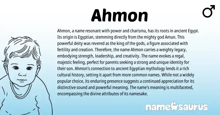Infographic about Ahmon name meaning, Ahmon is a name from Egyptian, African origin(s).