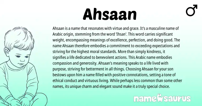 Infographic about Ahsaan name meaning, Ahsaan is a name from Arabic origin(s).