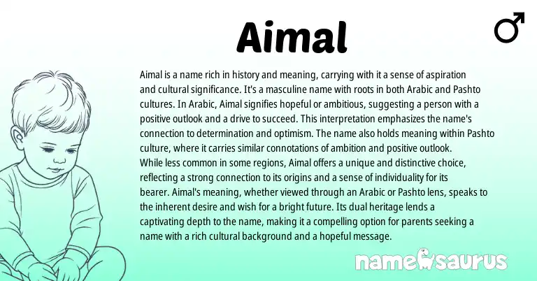 Infographic about Aimal name meaning, Aimal is a name from Turkish, Arabic origin(s).