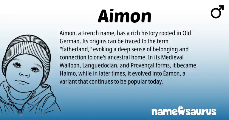 Infographic about Aimon name meaning, Aimon is a name from Old German, Medieval Walloon, French, Provençal origin(s).