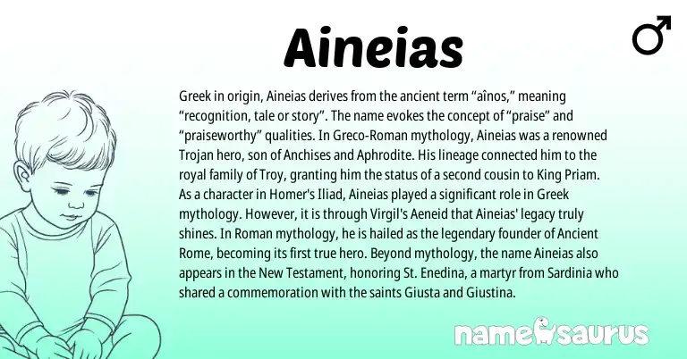 Infographic about Aineias name meaning, Aineias is a name from Roman, Ancient Rome, Greek origin(s).