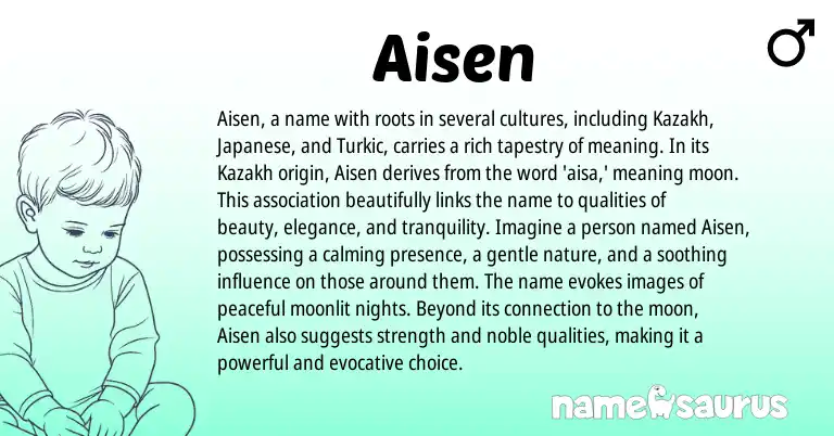 Infographic about Aisen name meaning, Aisen is a name from Kazakh origin(s).