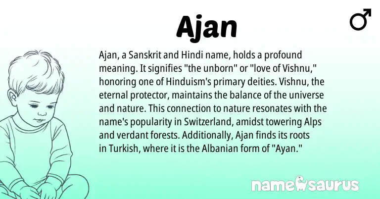 Infographic about Ajan name meaning, Ajan is a name from Albanian, Turkish, Hinduism, Hindi, Sanskrit origin(s).