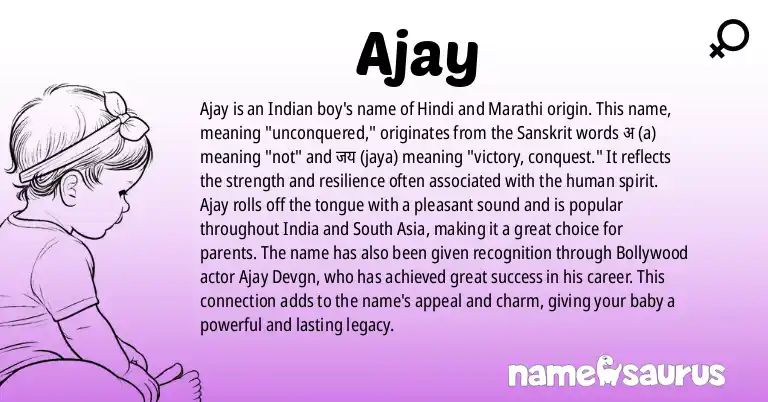 Infographic about Ajay name meaning, Ajay is a name from Indian, Hindi, Marathi, Gujarati origin(s).