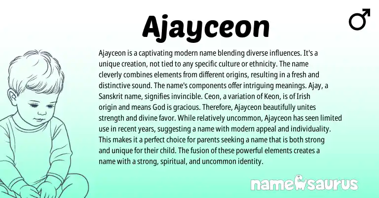 Infographic about Ajayceon name meaning, Ajayceon is a name from Irish, Sanskrit origin(s).
