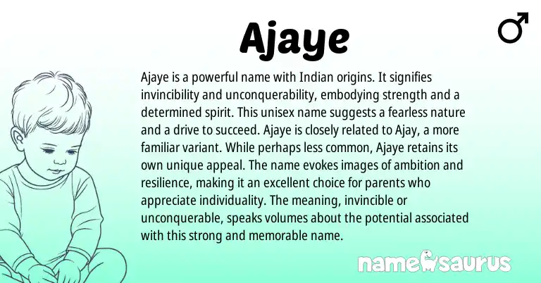 Infographic about Ajaye name meaning, Ajaye is a name from Indian origin(s).