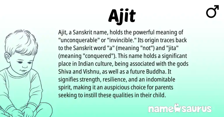Infographic about Ajit name meaning, Ajit is a name from Sanskrit, Indian origin(s).