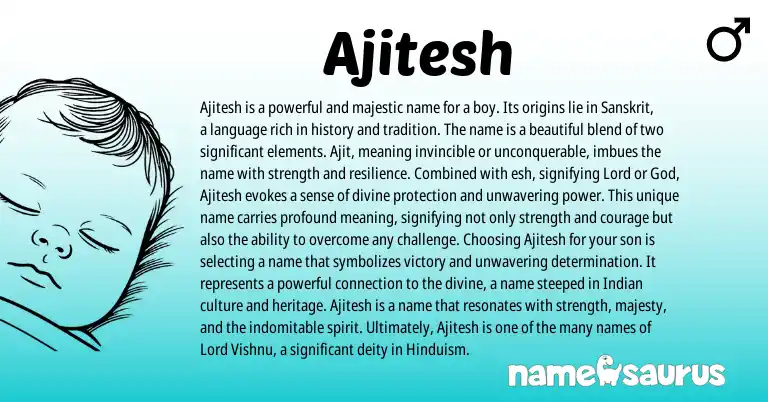 Infographic about Ajitesh name meaning, Ajitesh is a name from Indian, Sanskrit origin(s).