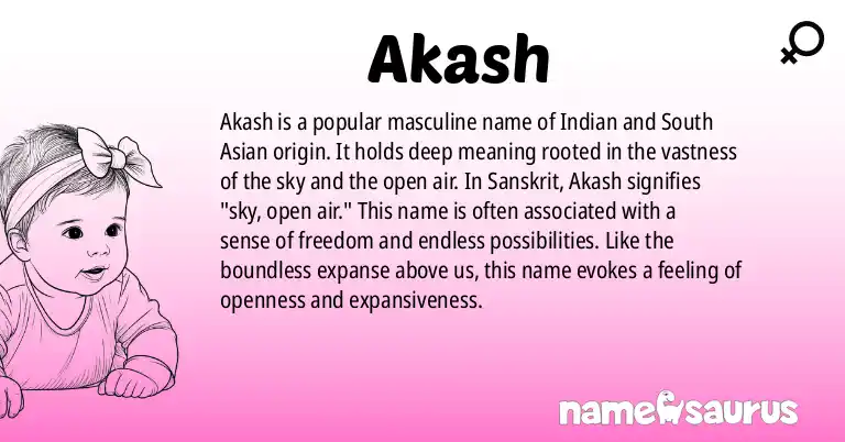 Infographic about Akash name meaning, Akash is a name from Indian, Hindi, Marathi, Bengali origin(s).