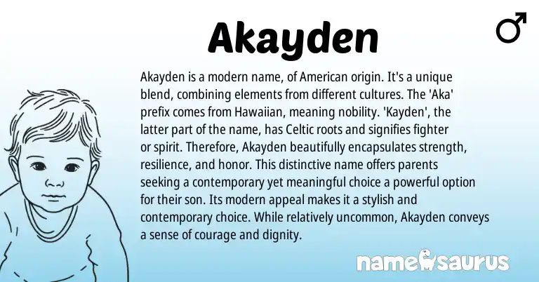 Infographic about Akayden name meaning, Akayden is a name from Hawaiian, American, Celtic origin(s).