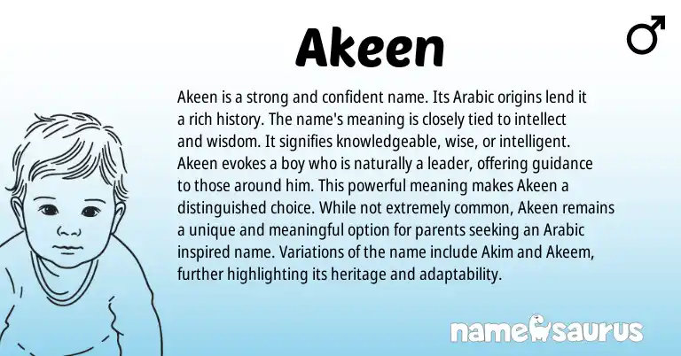 Infographic about Akeen name meaning, Akeen is a name from Arabic, Nigerian origin(s).