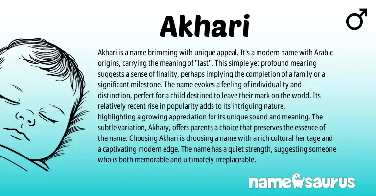 Infographic about Akhari name meaning, Akhari is a name from Arabic origin(s).