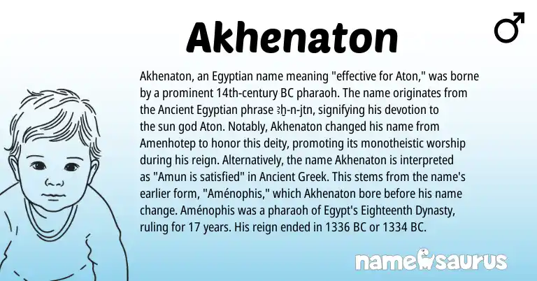 Infographic about Akhenaton name meaning, Akhenaton is a name from Egyptian, Ancient Greek, Ancient Egyptian origin(s).