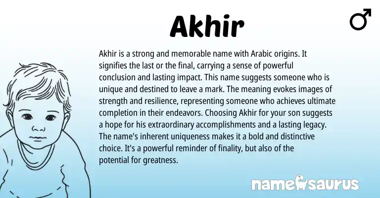 Infographic about Akhir name meaning, Akhir is a name from Arabic origin(s).