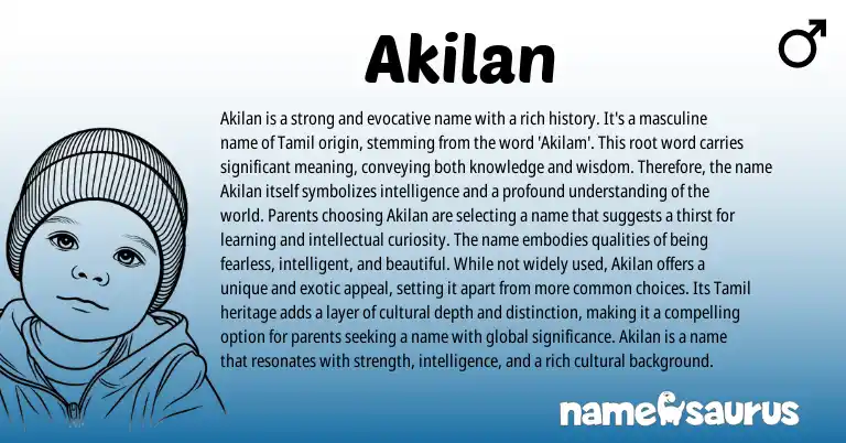 Infographic about Akilan name meaning, Akilan is a name from Tamil origin(s).