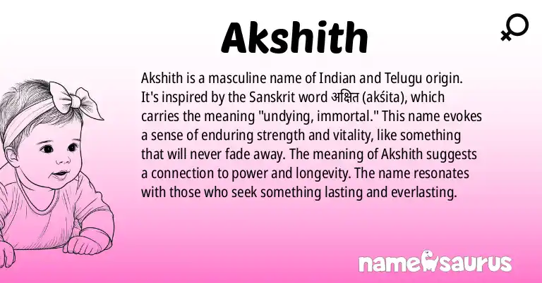 Infographic about Akshith name meaning, Akshith is a name from Indian, Telugu origin(s).