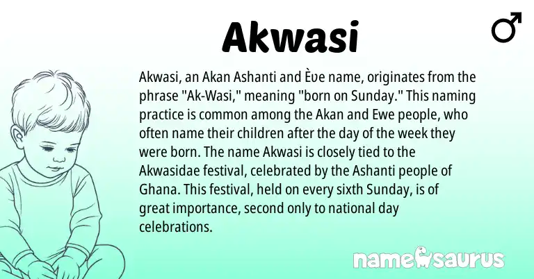 Infographic about Akwasi name meaning, Akwasi is a name from Ewe, Akan, Ghana, Ashanti origin(s).