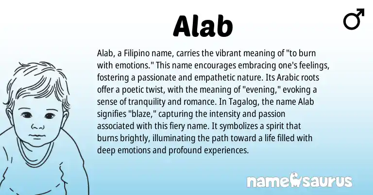 Infographic about Alab name meaning, Alab is a name from Filipino, Tagalog, Arabic origin(s).