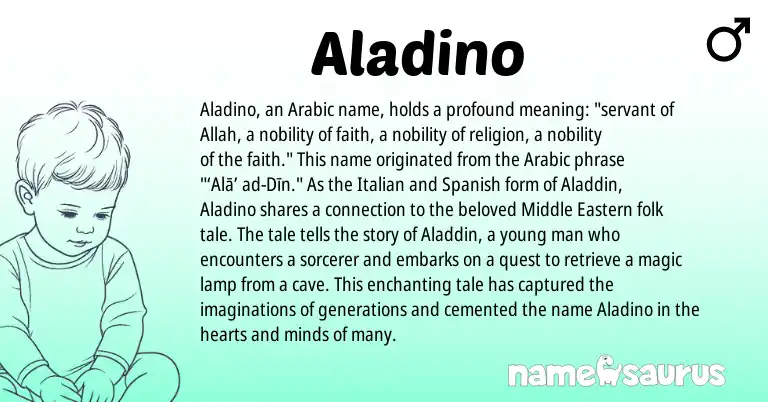 Infographic about Aladino name meaning, Aladino is a name from Spanish, Arabic, Italian origin(s).