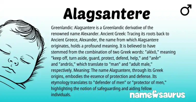 Infographic about Alagsantere name meaning, Alagsantere is a name from Ancient Greek, Greek, Greenlandic, Greece origin(s).