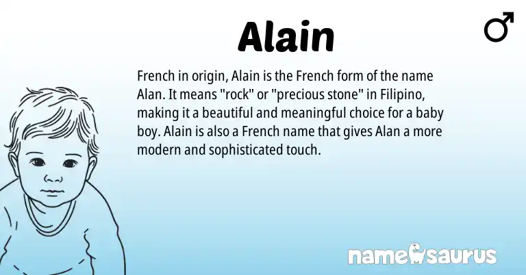 Infographic about Alain name meaning, Alain is a name from Filipino, French origin(s).