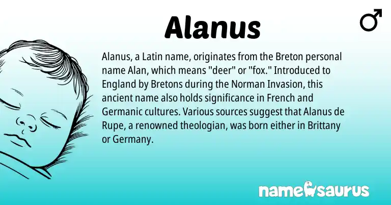 Infographic about Alanus name meaning, Alanus is a name from Breton, England, Bretons, Latin, French, Germanic, Norman origin(s).