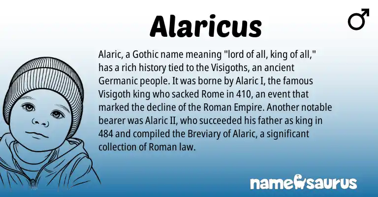 Infographic about Alaricus name meaning, Alaricus is a name from Roman, Germanic, Gothic origin(s).