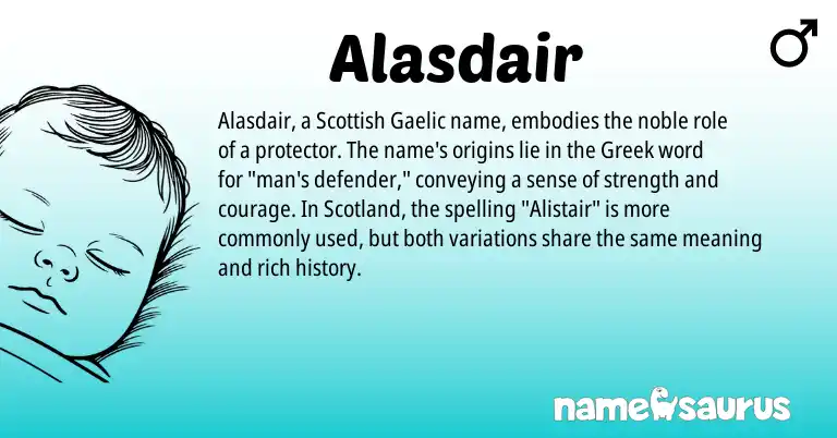 Infographic about Alasdair name meaning, Alasdair is a name from Gaelic, Scottish, Greek origin(s).