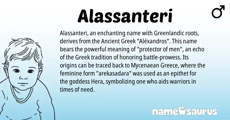 Infographic about Alassanteri name meaning, Alassanteri is a name from Ancient Greek, Greece, Greenlandic, Greek origin(s).