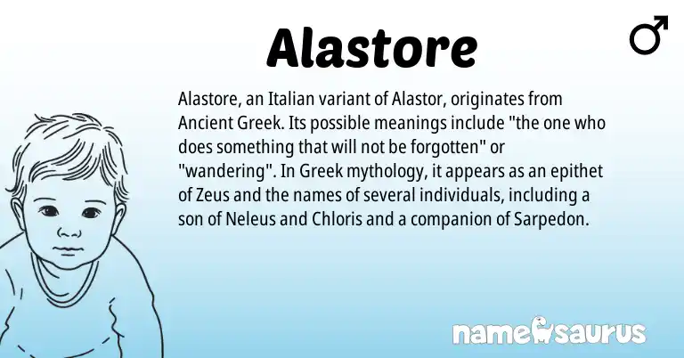 Infographic about Alastore name meaning, Alastore is a name from Ancient Greek, Greek, Italian origin(s).