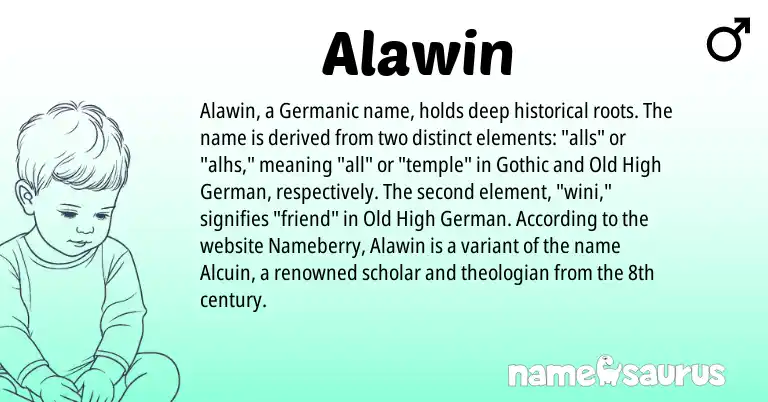 Infographic about Alawin name meaning, Alawin is a name from Old High German, Germanic, Gothic origin(s).