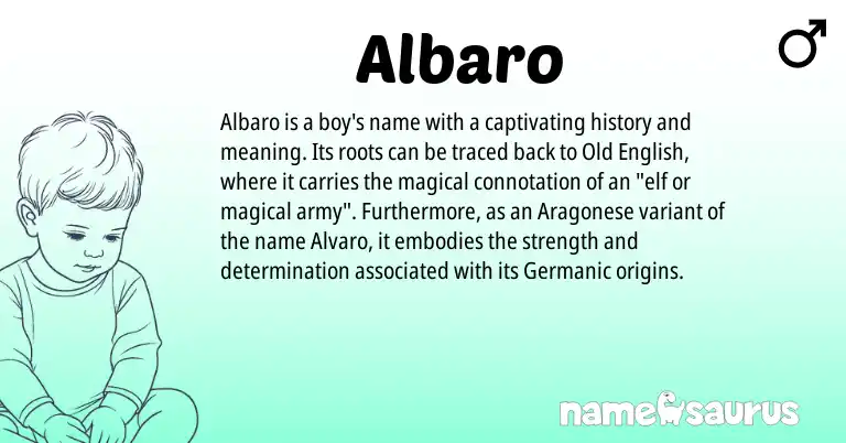 Infographic about Albaro name meaning, Albaro is a name from Old English, Germanic, Aragonese origin(s).