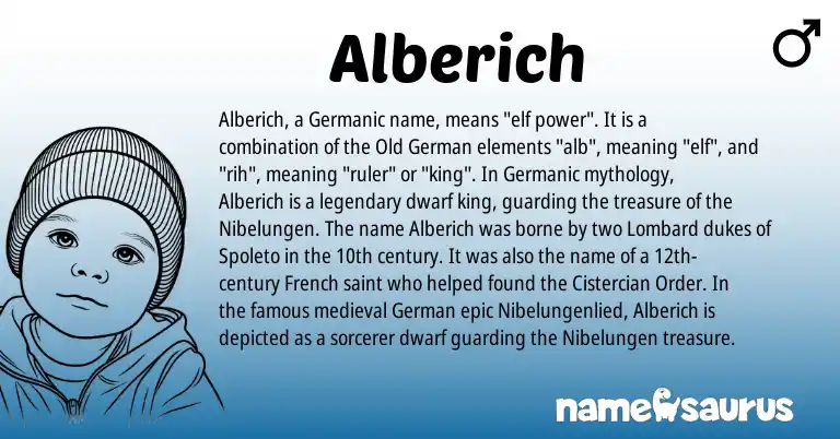 Infographic about Alberich name meaning, Alberich is a name from French, Germanic, Old German, German, Lombard origin(s).