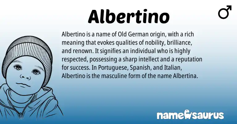 Infographic about Albertino name meaning, Albertino is a name from Old German, Spanish, Italian, Portuguese origin(s).