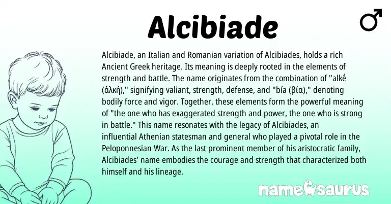 Infographic about Alcibiade name meaning, Alcibiade is a name from Romanian, Ancient Greek, Italian origin(s).