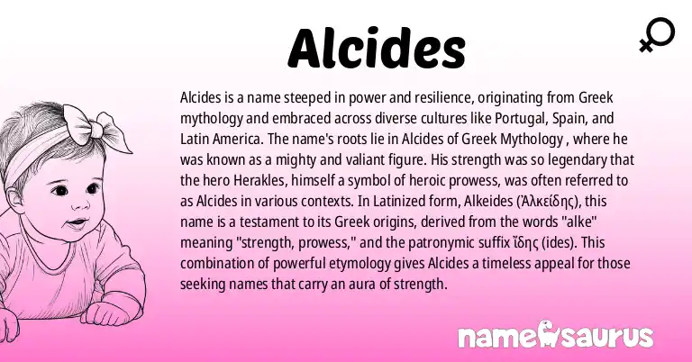 Infographic about Alcides name meaning, Alcides is a name from Greek Mythology (Latinized), Portuguese, Spanish, Greek origin(s).