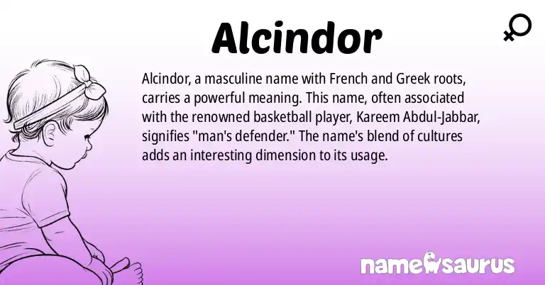 Infographic about Alcindor name meaning, Alcindor is a name from French, Greek origin(s).
