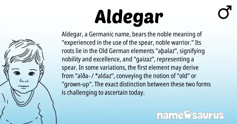 Infographic about Aldegar name meaning, Aldegar is a name from Old German, Germanic origin(s).