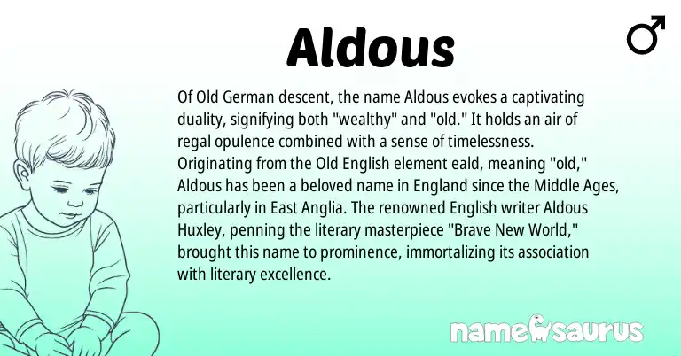 Infographic about Aldous name meaning, Aldous is a name from Old German, Old English, English, England origin(s).
