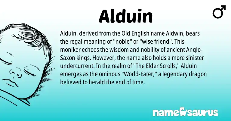 Infographic about Alduin name meaning, Alduin is a name from Old English, Anglo-Saxon origin(s).
