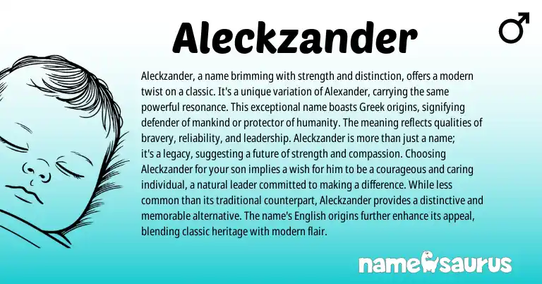Infographic about Aleckzander name meaning, Aleckzander is a name from Greek origin(s).