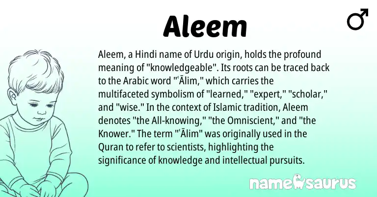 Infographic about Aleem name meaning, Aleem is a name from Urdu, Hindi, Arabic origin(s).
